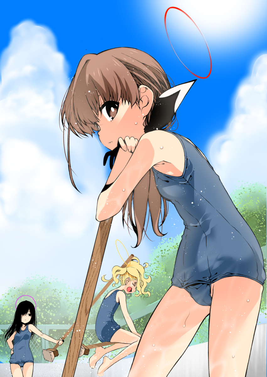 &gt;_&lt; 3girls black_hair blonde_hair blue_one-piece_swimsuit blue_sky bright_pupils broom broom_riding brown_hair chain-link_fence cloud cloudy_sky day fence hair_over_one_eye halo highres jumping kuromasa_shisei leaning_on_broom long_hair multiple_girls ohitome_kohane old_school_swimsuit one-piece_swimsuit open_mouth outdoors project_kv red_halo school_swimsuit sideways_glance sky sun swimsuit wet white_pupils