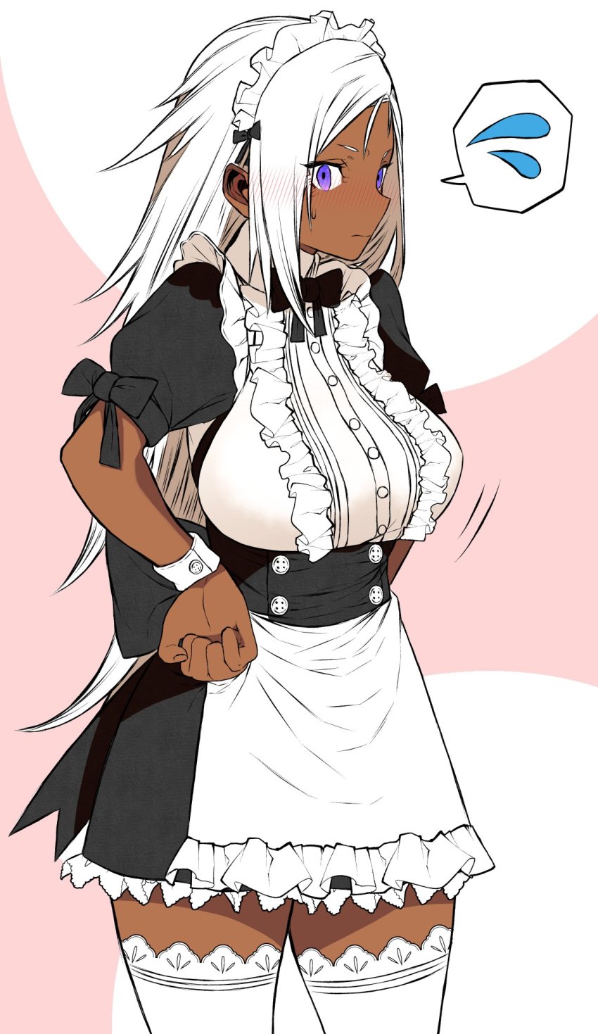 1girl alternate_costume apron bad_id bad_twitter_id blue_eyes blush breasts cowboy_shot dark-skinned_female dark_skin enmaided female_focus final_fantasy final_fantasy_iv frills genderswap genderswap_(mtf) golbez highres kuuneru_(ojigi) maid maid_apron maid_headdress orange_eyes ribbon solo thighhighs waist_apron white_hair