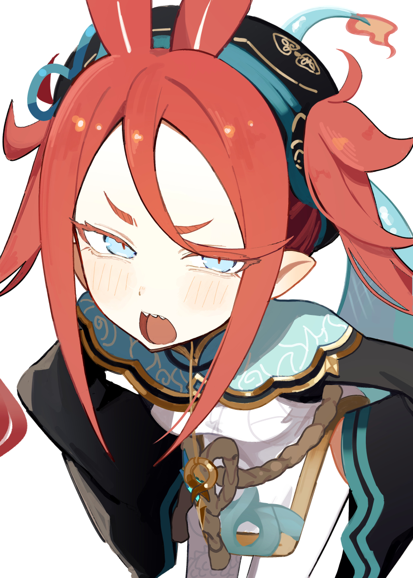 1girl absurdres aegyo_sal black_hat black_sleeves blue_eyes blue_tail breasts chinese_clothes chixia_(stella_sora) close-up commentary cowboy_shot double-parted_bangs dragon_girl dress eastern_dragon_tail embroidery fanged_bangs fire flame-tipped_tail flipped_bangs forehead from_above furisode_sleeves hands_on_own_hips hat highres leaning_forward light_blush long_hair long_sleeves looking_at_viewer open_mouth pantyhose pelvic_curtain pointy_ears red_hair rope rotroto sharp_teeth short_dress short_eyebrows side_slit sidelocks simple_background small_breasts solo stella_sora tail tail_raised teeth tsurime twintails upper_teeth_only v-shaped_eyebrows white_background white_dress white_pantyhose wide_sleeves yunjian