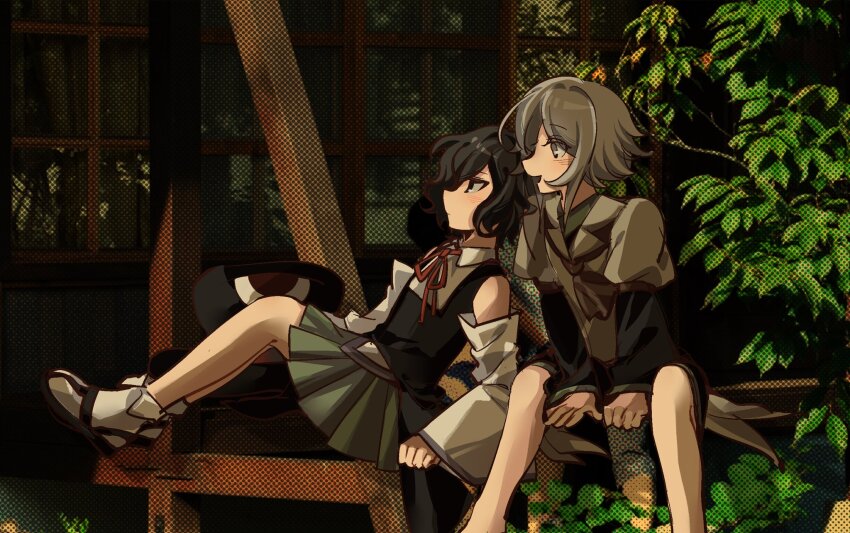 2others androgynous ascot bare_legs black_coat black_eyes black_footwear black_hair black_hat black_kimono black_shorts brown_ascot brown_coat bush closed_mouth coat coattails collared_coat collared_shirt collared_socks day enraku_tsubakura expressionless eye_of_senri feet_out_of_frame full_body green_hakama grey_eyes grey_hair hakama hakama_short_skirt hakama_skirt hat highres houlen_yabusame japanese_clothes jinbei_(clothes) kimono lapels layered_sleeves leaning_on_person len&#039;en light_blush long_sleeves multiple_others neck_ribbon notched_lapels open_mouth other_focus outdoors puffy_short_sleeves puffy_sleeves red_ribbon ribbon sandals shirt short_hair short_hair_with_long_locks short_kimono short_over_long_sleeves short_sleeves shorts sitting skirt sleeveless sleeveless_coat sleeveless_shirt smile socks top_hat unworn_hat unworn_headwear veranda white_shirt white_socks wide_sleeves window xiao_ganju_nailuo zouri