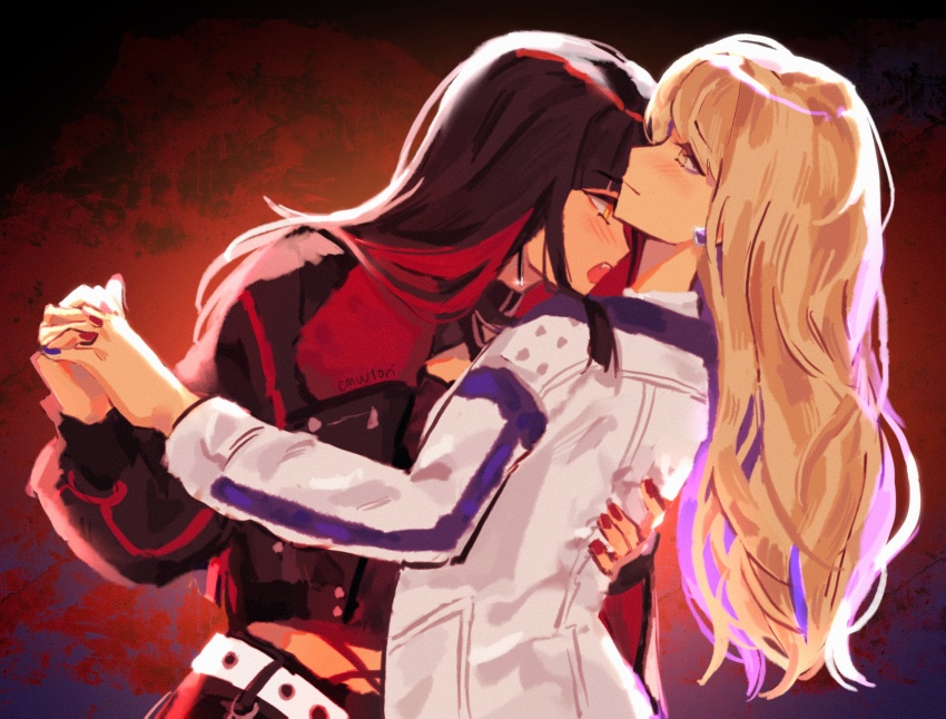 2girls azusawa_kohane black_hair black_jacket blonde_hair blue_nails blush closed_mouth commentary earrings emuutori english_commentary fang hand_on_another&#039;s_back highres holding_hands imminent_bite interlocked_fingers jacket jewelry long_hair multicolored_hair multiple_girls open_mouth orange_eyes project_sekai purple_hair red_background red_hair red_nails redrawn shiraishi_an streaked_hair twitter_username vampire whip_the_wimp_girl!!_(project_sekai) white_jacket yellow_eyes yuri