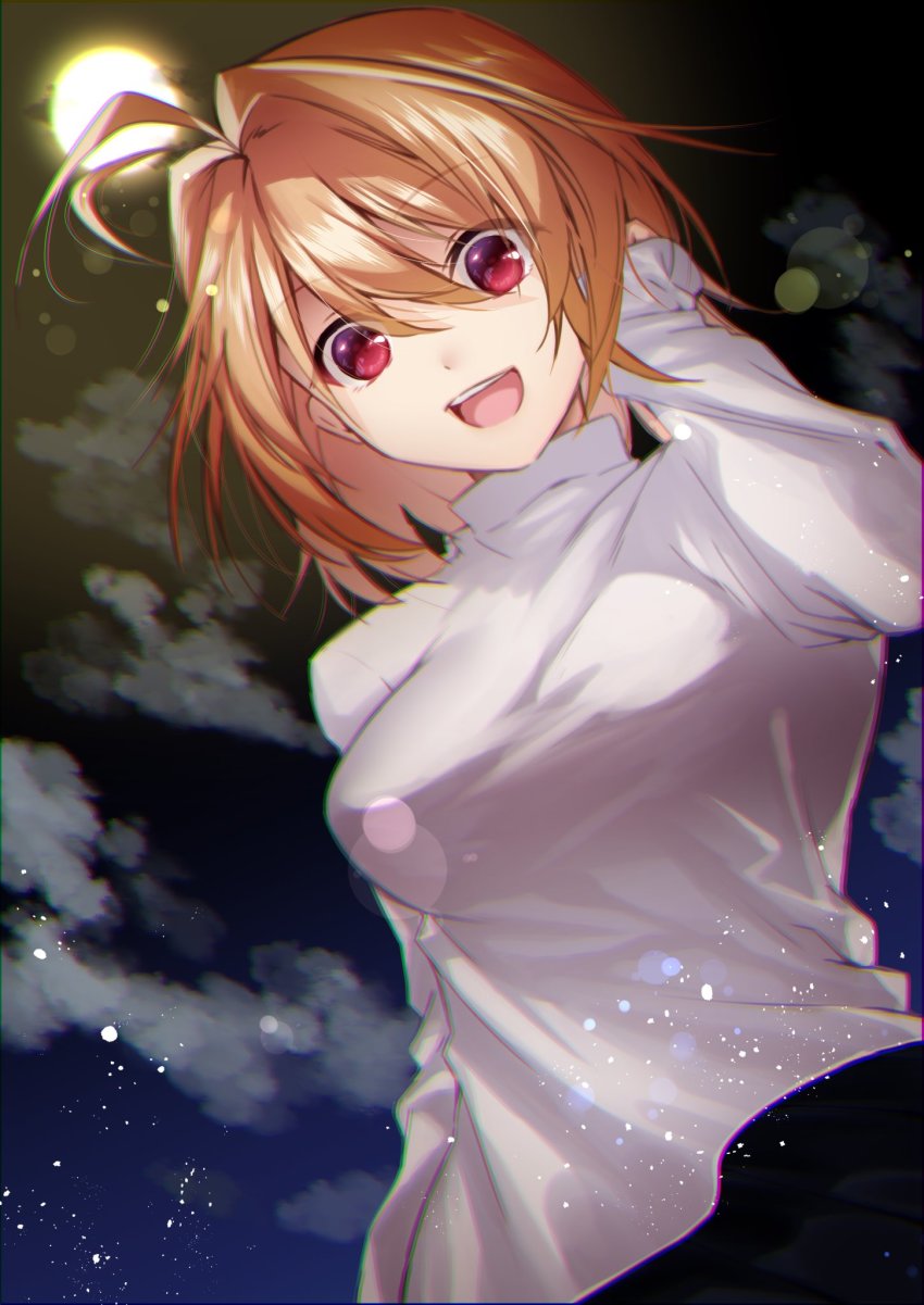 1girl :d antenna_hair arcueid_brunestud bad_id bad_twitter_id black_skirt blonde_hair breasts cloud cowboy_shot from_below full_moon hand_in_own_hair highres lens_flare light_particles long_sleeves looking_at_viewer medium_breasts moon night night_sky open_mouth outdoors pleated_skirt red_eyes short_hair skirt sky smile solo standing sweater tsukihime tsukihime_(remake) turtleneck turtleneck_sweater white_sweater yasuo_(torinikukani)