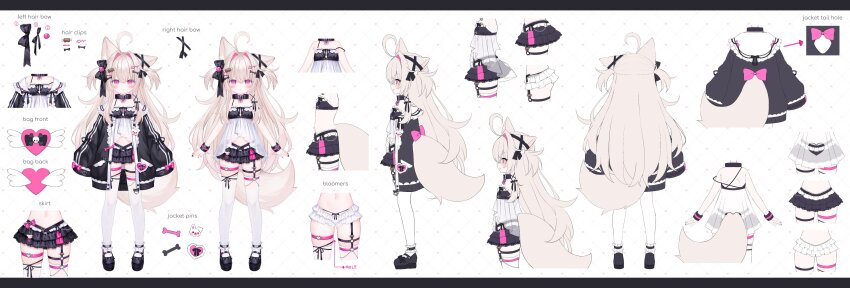 1girl :3 absurdres ahoge animal_ears black_bow black_footwear black_jacket black_nails black_skirt blonde_hair bloomers blush bow closed_mouth colored_inner_hair commentary english_commentary english_text from_side full_body hair_bow hair_intakes hair_ornament hairclip heart heart_o-ring highres huge_ahoge jacket long_sleeves meat_hair_ornament multicolored_hair multiple_views nanako_niku navel o-ring official_art open_clothes open_jacket pin pink_eyes pink_hair reference_sheet second-party_source shouu-kun skirt sleeves_past_fingers sleeves_past_wrists standing stellarversepro tail thigh_strap thighhighs two-tone_hair underwear virtual_youtuber white_background white_thighhighs