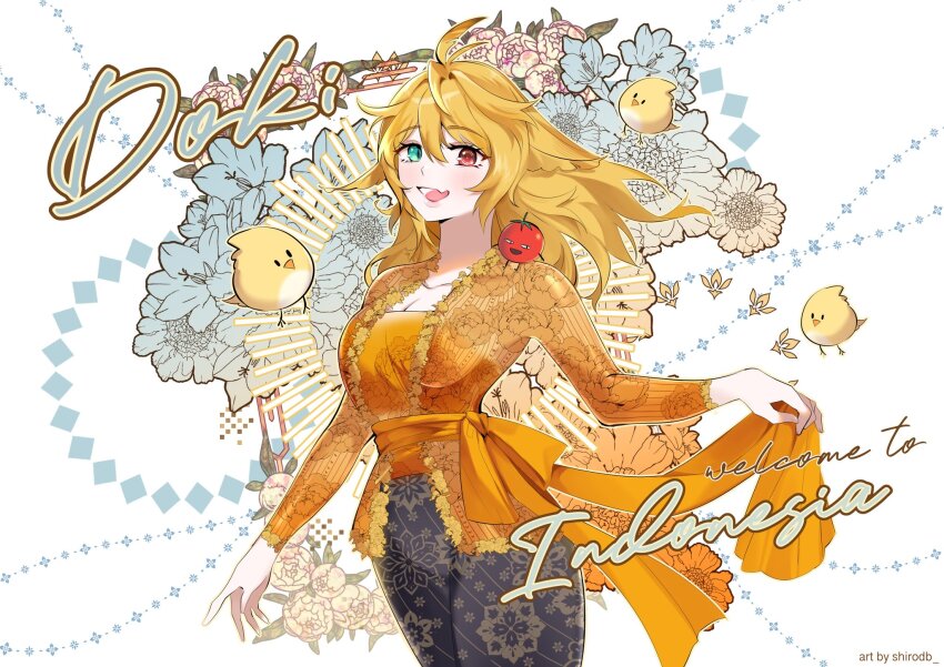 1girl ahoge alternate_costume artist_name black_pants breasts character_name commentary dokibird_(vtuber) dokibird_(vtuber)_(tomato) dragoon_(dokibird) english_commentary english_text green_eyes heterochromia highres indie_virtual_youtuber indonesian_clothes looking_at_viewer medium_breasts open_mouth orange_shirt pants red_eyes shirodb shirt simple_background smile solo virtual_youtuber white_background