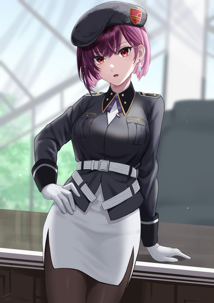 1girl absurdres belt beret blurry blurry_background collared_shirt earrings gloves hand_on_own_hip hat heaven_burns_red highres jacket jewelry long_sleeves looking_at_viewer neck_ribbon nil_(pixiv_53614557) open_mouth pantyhose pencil_skirt purple_hair red_eyes ribbon shirt short_hair side_slit skirt solo tezuka_saki window