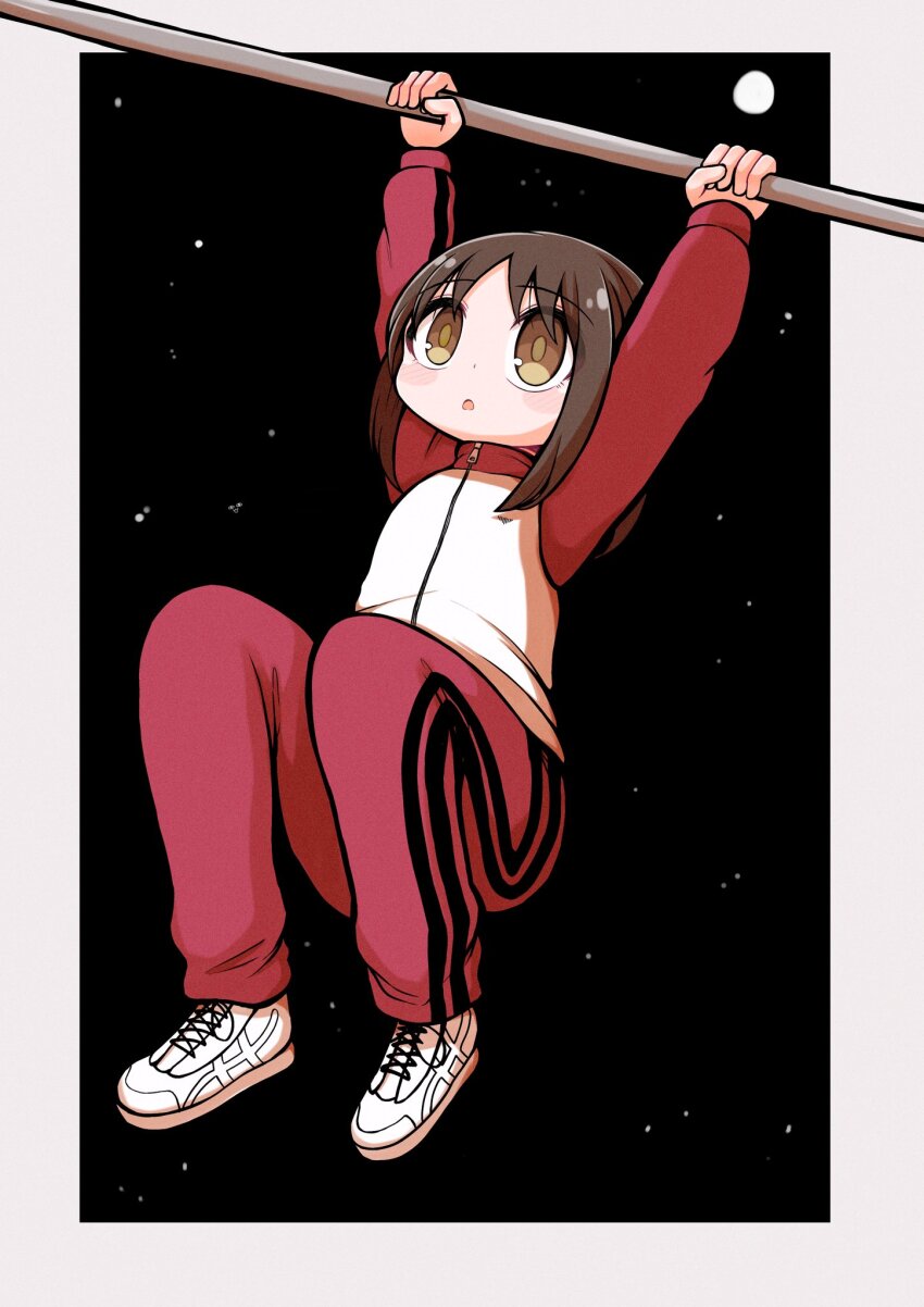 1girl azumanga_daiou brown_eyes brown_hair commentary_request full_body full_moon hanging highres jacket kasuga_ayumu medium_hair mendakorice moon open_mouth pants red_jacket red_pants shoes sky sneakers solo star_(sky) starry_sky track_jacket track_pants track_suit white_shoes yotsubato!