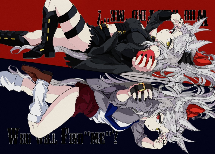 1girl 2girls absurdres apple belt black_boots black_nails black_shirt black_shorts blazer blue_necktie boots brown_shoes closed_mouth clothing_cutout commentary cutoffs dress_shirt dual_persona english_text folkqueen_(umamusume) food fruit grey_hair grey_jacket hand_in_own_hair heterochromia highres holding holding_belt holding_food holding_fruit horse_girl jacket jose_(joseeidossei) knee_up loafers long_sleeves loose_socks lying midriff miniskirt multiple_girls navel necktie on_back pleated_skirt red_eyes red_skirt shirt shoes short_shorts shorts shoulder_cutout skirt socks solo text_background thigh_strap umamusume umamusume:_cinderella_gray upside-down_text white_shirt yellow_eyes