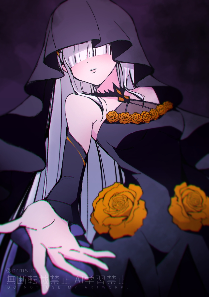 1girl black_choker black_dress black_robe choker colored_skin dark dark_background dress flower highres long_hair orange_flower orange_rose outstretched_hand premium_(prmsub) purple_background re:zero_kara_hajimeru_isekai_seikatsu robe rose satella_(re:zero) sleeveless white_hair white_skin witch