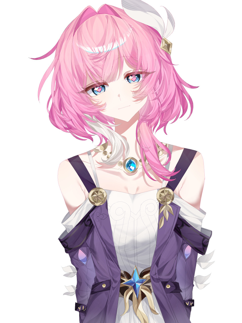 1girl absurdres bare_shoulders blue_eyes breasts caiyuan_gungun chinese_commentary coat commentary_request cyrene_(aedes_elysiae)_(honkai:_star_rail) cyrene_(honkai:_star_rail) dress hair_ornament highres honkai:_star_rail honkai_(series) jewelry looking_at_viewer multicolored_hair necklace pink_hair purple_coat simple_background small_breasts solo two-tone_hair white_background white_dress white_hair