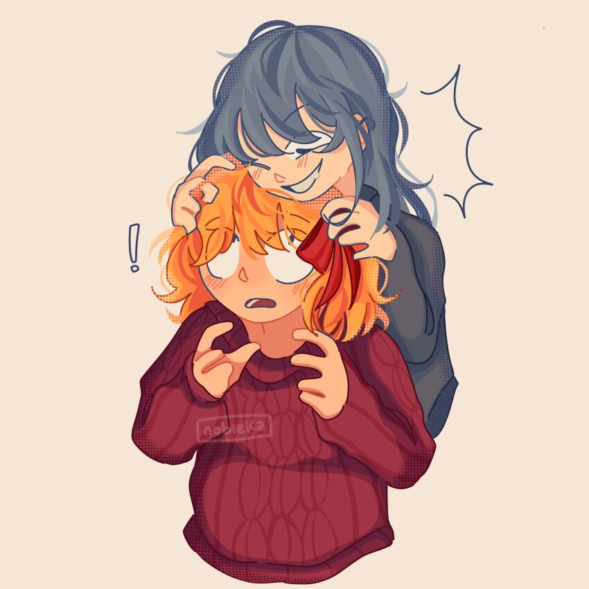 ! ;d blue_hair commissioner_insert constricted_pupils d: hair_ribbon hands_up highres main_character_(our_life) nobi33ka one_eye_closed open_mouth orange_hair our_life our_life:_now_and_forever playing_with_another&#039;s_hair red_sweater ribbed_sweater ribbon smile sweater tamarack_baumann upper_body wavy_hair wide-eyed