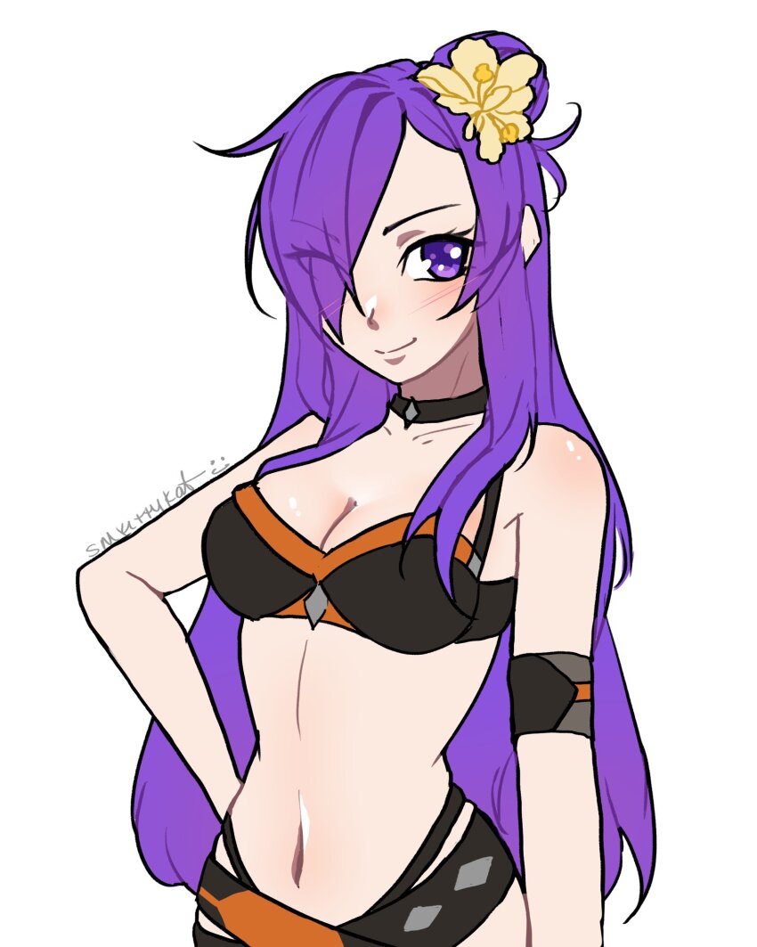 1girl bikini black_bikini black_choker breasts choker cleavage female_shez_(fire_emblem) female_shez_(summer)_(fire_emblem) fire_emblem fire_emblem:_three_houses fire_emblem_heroes fire_emblem_warriors:_three_hopes hair_over_one_eye hand_on_own_hip highres long_hair looking_at_viewer navel nintendo purple_eyes purple_hair simple_background small_breasts smile smkittykat solo stomach swimsuit upper_body very_long_hair white_background