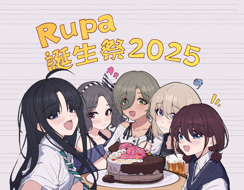 2025 5girls ahoge alcohol awa_subaru beer beer_mug birthday_cake black_hair blue_eyes blue_shirt blue_sweater_vest bow_hairband brown_hair cake chinese_commentary closed_mouth collared_shirt commentary_request cup diagonal-striped_clothes diagonal-striped_necktie donut dress_shirt ebizuka_tomo food girls_band_cry green_eyes grey_hair hairband happy_birthday heart highres iseri_nina kawaragi_momoka long_hair looking_at_viewer low_twintails mole mole_under_eye mug multiple_girls necktie notice_lines off-shoulder_shirt off_shoulder open_mouth purple_eyes red_eyes rupa_(girls_band_cry) school_uniform shirt smile squiggle striped_clothes sweater_vest translation_request twintails white_shirt yun_cao_bing