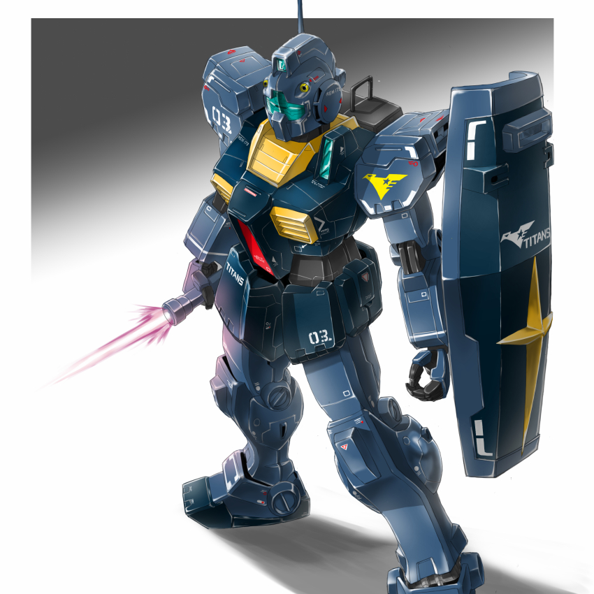 absurdres assault_visor blue_eyes border energy_sword from_above gm_ii gundam highres holding holding_sword holding_weapon juuta-rou looking_ahead mecha mecha_focus mobile_suit no_humans outside_border radio_antenna robot science_fiction shield solo sword titans_(gundam) weapon white_border zeta_gundam