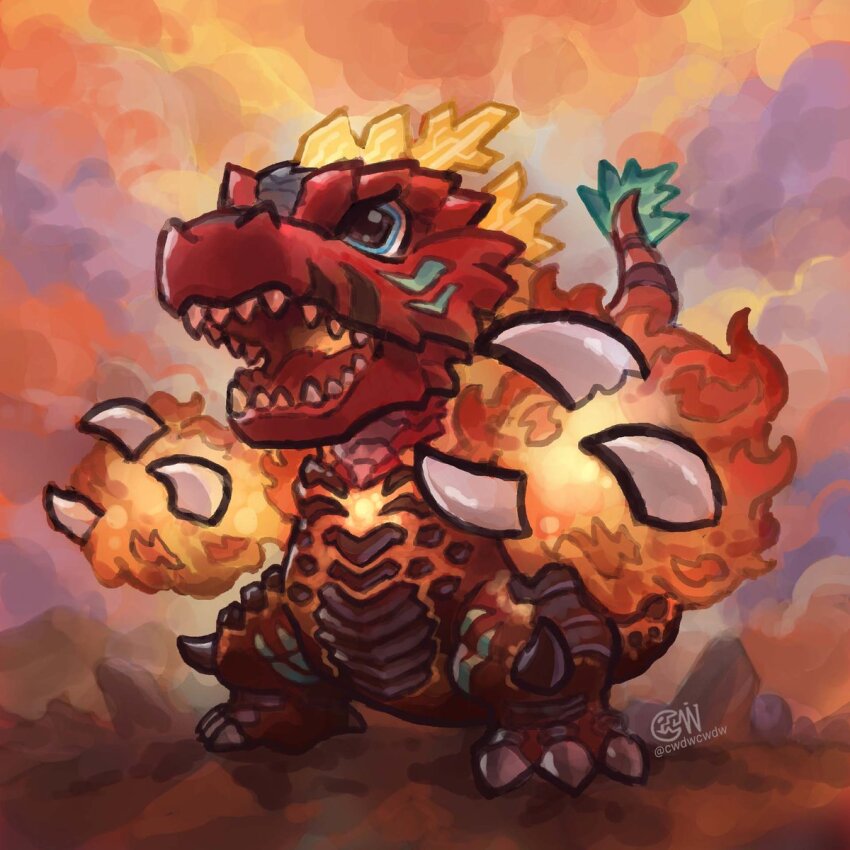 blue_eyes chibi colored_skin cwdw digimon digimon_(creature) dinomon dinosaur flaming_hand highres red_skin sharp_teeth solo standing teeth
