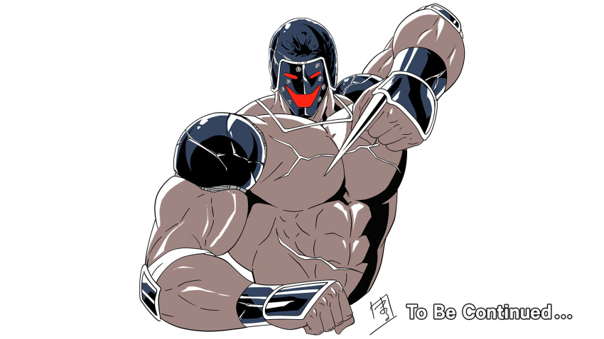 ... 1boy abs android claw_(weapon) english_text fighting_stance helmet injury kinnikuman looking_at_viewer manly mask muscular official_art pectorals red_eyes shoulder_pads warsman weapon