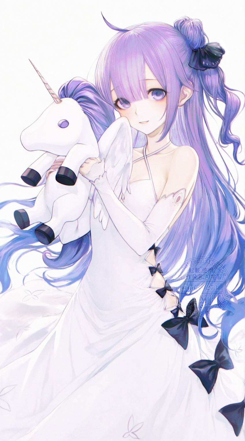 1girl absurdres ahoge azur_lane bare_shoulders black_bow black_ribbon blush bow collarbone commentary detached_sleeves dress hair_ribbon highres holding holding_stuffed_toy long_hair long_sleeves looking_at_viewer one_side_up pale_skin purple_eyes purple_hair renoahh ribbon simple_background smile solo stuffed_toy stuffed_unicorn unicorn_(azur_lane) white_background white_dress white_sleeves