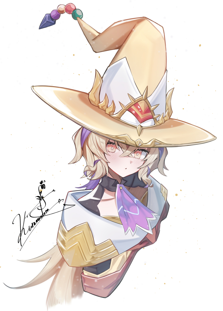 1girl absurdres artist_name ascot blonde_hair character_request duel_masters duel_masters_play&#039;s hat highres kuramandora long_hair multicolored_hair purple_ascot purple_hair signature simple_background solo two-tone_hair upper_body white_background witch_hat yellow_eyes yellow_hat