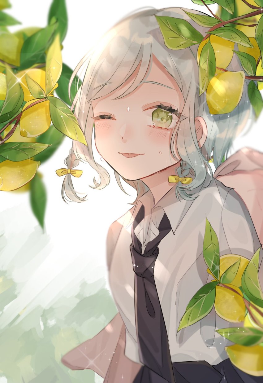 1girl aqua_hair bad_id bad_pixiv_id bang_dream! braid branch food fruit green_eyes hair_ribbon highres hikawa_hina leaf lemon looking_at_viewer necktie one_eye_closed ribbon school_uniform shain short_hair side_braids solo white_background