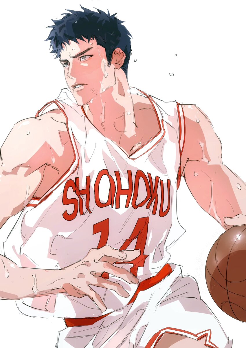 11114tai 1boy arm_up ball bare_shoulders basketball basketball_jersey basketball_shorts black_hair blue_eyes collarbone commentary cowboy_shot facial_hair flying_sweatdrops hashtag-only_commentary highres holding holding_ball looking_to_the_side male_focus mitsui_hisashi multicolored_shirt multicolored_shorts parted_lips playing_sports romaji_text short_hair shorts sideburns sideburns_stubble simple_background slam_dunk_(series) solo stubble sweat teeth v-neck very_sweaty white_background