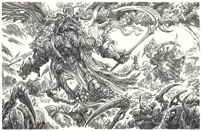 2024 6+boys adeptus_astartes armor armored_gloves artist_name censer chain chaos_(warhammer) chaos_space_marine cloak commentary daemon_prince death_guard decay demon_horns demon_primarch english_commentary extra_eyes fake_horns greaves greyscale gun helmet highres holding holding_gun holding_scythe holding_weapon hood hooded_cloak horned_helmet horns long_tongue male_focus mask monochrome mortarion mrdearmas multiple_boys nurgle_(symbol) pauldrons pelvic_curtain power_armor primarch respirator scythe shoulder_armor silence_(weapon) skull_belt skull_ornament smoke spacecraft spiked_armor spiked_hood terminator_armor tongue torn_cloak torn_clothes tube typhus_(warhammer) valve warhammer_40k weapon