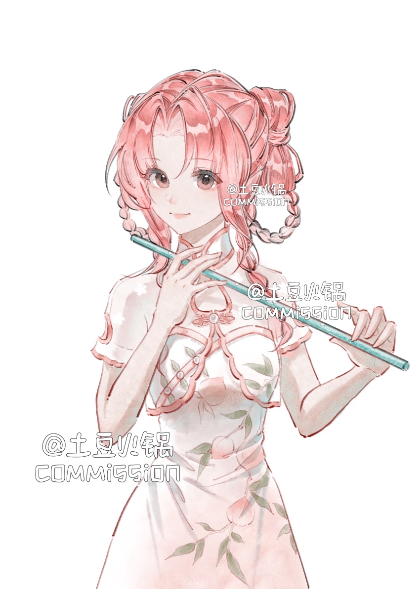 1girl absurdres artist_name braid braided_hair_rings china_dress chinese_clothes chinese_text closed_mouth dress english_text floral_print flute hair_rings highres holding holding_instrument instrument looking_at_viewer original parted_bangs pink_hair short_sleeves shuangyaji simple_background smile solo watermark white_background white_dress xihuan_cexuetang