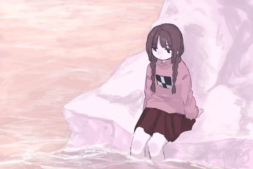 1girl black_eyes braid brown_hair denkai_461 dot_nose highres iceberg long_hair looking_down madotsuki ocean pink_sweater red_skirt sad sidelocks sitting skirt sweater twin_braids water yume_nikki