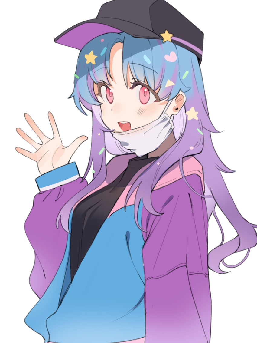 1girl bad_id bad_pixiv_id baseball_cap black_hat black_shirt blue_hair blue_jacket blush breasts commentary confetti cookie_run cookie_run:_ovenbreak genderswap genderswap_(mtf) gradient_hair hair_ornament hat heart heart_hair_ornament highres hufy humanization jacket long_hair mask mouth_mask multicolored_hair multicolored_jacket parted_bangs partially_unzipped pink_eyes popping_candy_cookie purple_hair purple_sleeves shirt solo star_(symbol) star_hair_ornament surgical_mask upper_body waving