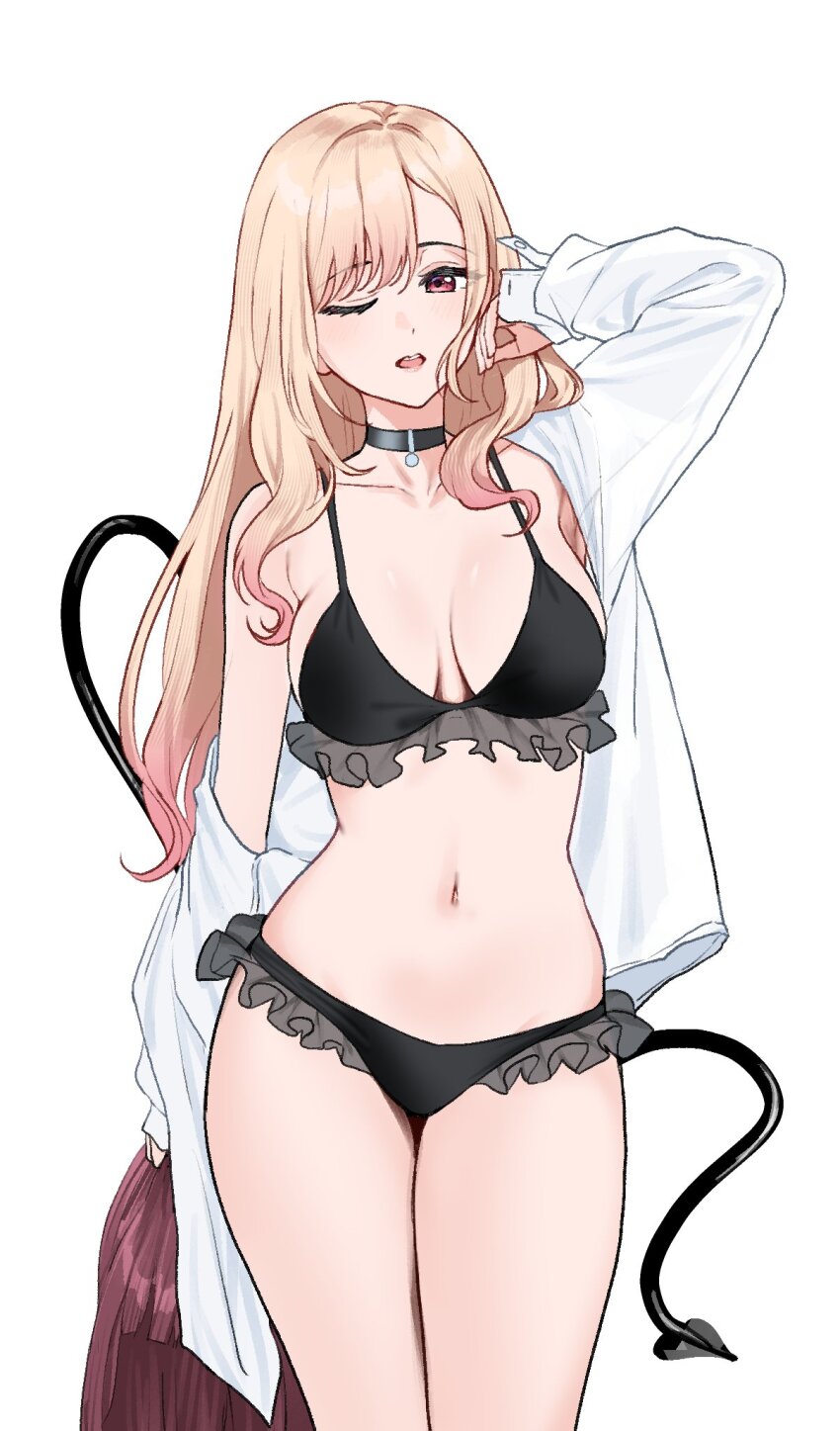 1girl arm_up black_bra black_choker black_panties blonde_hair bra breasts choker cosplay demon_tail frilled_bra frilled_panties frills highres holding_wig kitagawa_marin long_hair medium_breasts navel nonbire off_shoulder one_eye_closed open_clothes open_shirt panties red_eyes rizu-kyun rizu-kyun_(cosplay) simple_background solo sono_bisque_doll_wa_koi_wo_suru stomach tail underwear unworn_wig white_background wig
