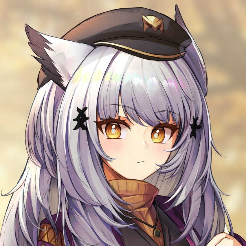 1girl arknights bad_id bad_twitter_id black_hat blurry blurry_background blush bright_pupils closed_mouth depth_of_field grey_hair hat highres jewelry long_hair looking_at_viewer necklace official_alternate_costume owl_ears penguin4 portrait ptilopsis_(arknights) ptilopsis_(serenity)_(arknights) solo yellow_eyes