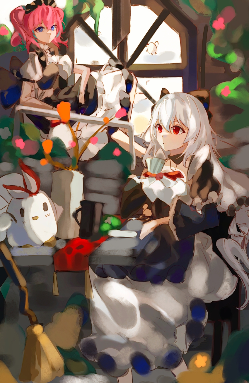 2girls absurdres apron black_dress blue_eyes blue_hair broom chair commentary_request delta_(honkai_impact) dress highres honkai_(series) honkai_impact_3rd indoors jingwei_(bird) lk_luke long_hair maid maid_apron multicolored_hair multiple_girls on_chair plant potted_plant red_eyes rozaliya_olenyeva short_hair sitting theresa_apocalypse theresa_apocalypse_(luna_kindred) theresa_apocalypse_(lunar_vow:_crimson_love) twintails two-tone_hair very_long_hair white_apron