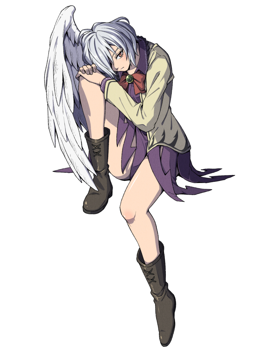 1girl boots bow bowtie brown_boots brown_jacket closed_mouth commentary_request full_body grey_hair hands_on_own_knee highres inuno_rakugaki jacket kishin_sagume leg_up long_sleeves looking_at_viewer open_clothes open_jacket purple_skirt red_bow red_bowtie red_eyes short_hair simple_background sitting skirt solo touhou white_background