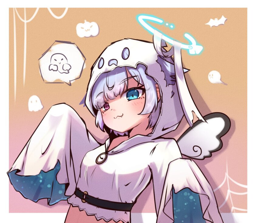1girl :3 amemiya_nazuna bat_(animal) blue_eyes border breasts broken_halo covered_erect_nipples face_cutout fang fang_out ghost ghost_costume gradient_background hair_ribbon halloween halloween_costume halo heterochromia hood hoodie looking_at_viewer milk_tea_1993 pumpkin red_eyes ribbon sidelocks silk single_wing small_breasts speech_bubble spider_web upper_body very_long_sleeves virtual_youtuber vshojo white_border white_hair white_ribbon wings