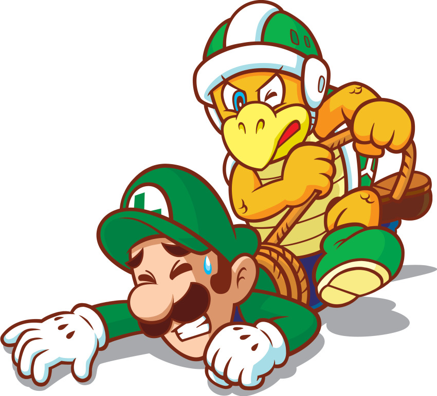 absurdres boots closed_eyes facial_hair gloves green_footwear green_headwear green_shirt hammer_bro hat highres luigi mario_(series) mustache nintendo official_art rope shirt simple_background super_princess_peach teeth tied_up_(nonsexual) transparent_background white_gloves