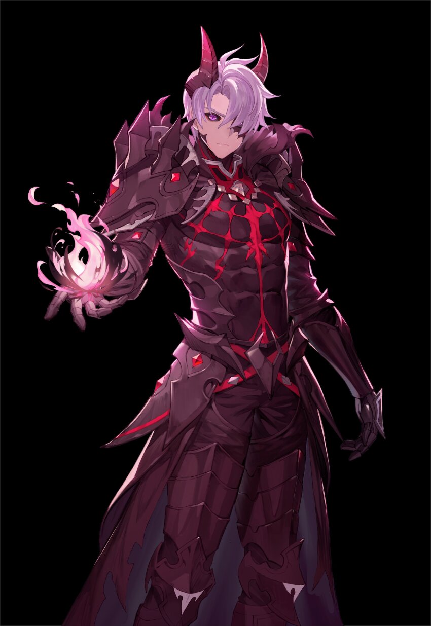 1boy absurdres armor artist_request black_armor black_fire black_horns black_pants black_sclera colored_sclera commentary commentary_request corruption dark_lord_kasel_(king&#039;s_raid) dark_persona demon_horns english_commentary fire frown gauntlets grey_hair hair_over_one_eye highres horns kasel_(king&#039;s_raid) king&#039;s_raid korean_commentary mixed-language_commentary official_art pants purple_eyes purple_fire second-party_source