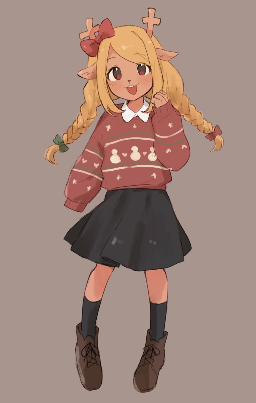 1girl :3 animal_ears animal_nose ankle_boots antlers arm_at_side black_skirt black_socks blonde_hair boots bow braid brown_background brown_boots buck_teeth christmas_sweater collared_shirt dark-skinned_female dark_skin deer_antlers deer_ears deer_girl deltarune freckles full_body green_bow hair_bow hand_up hashtag-only_commentary highres horns kneehighs lace-up_boots long_hair long_sleeves looking_at_viewer medium_skirt nano_mochi no_pupils noelle_holiday open_mouth puffy_long_sleeves puffy_sleeves red_bow red_eyes red_sweater shirt sidelocks simple_background skirt sleeves_past_wrists socks solo standing sweater teeth twin_braids upper_teeth_only