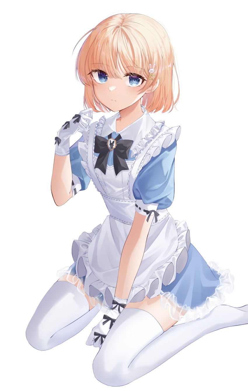 1girl absurdres alice&#039;s_adventures_in_wonderland alice_(alice_in_wonderland) apron arm_up between_legs black_bow black_bowtie blonde_hair blue_dress blue_eyes bow bowtie closed_mouth dress frilled_apron frilled_dress frills full_body gloves hair_ornament hairclip hand_between_legs highres light_frown looking_at_viewer maid no_shoes rabbit_hair_ornament ribbon-trimmed_sleeves ribbon_trim short_hair short_sleeves simple_background sitting solo thighhighs wariza white_apron white_background white_gloves white_thighhighs x_hair_ornament yu_nyan_n zettai_ryouiki