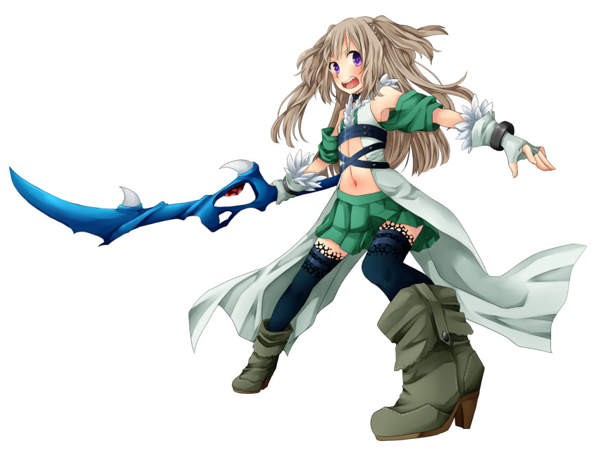 1girl black_thighhighs blush boots brown_hair coat commentary_request fingerless_gloves flat_chest full_body gloves green_shirt green_skirt grey_boots grey_gloves highres holding holding_sword holding_weapon lace lace-trimmed_thighhighs lace_trim long_hair looking_at_viewer meiko_(nattu303) miniskirt navel open_clothes open_coat open_mouth pleated_skirt purple_eyes ragnarok_online shadow_chaser_(ragnarok_online) shirt simple_background skirt sleeveless sleeveless_coat solo sword thighhighs two_side_up weapon white_background white_coat