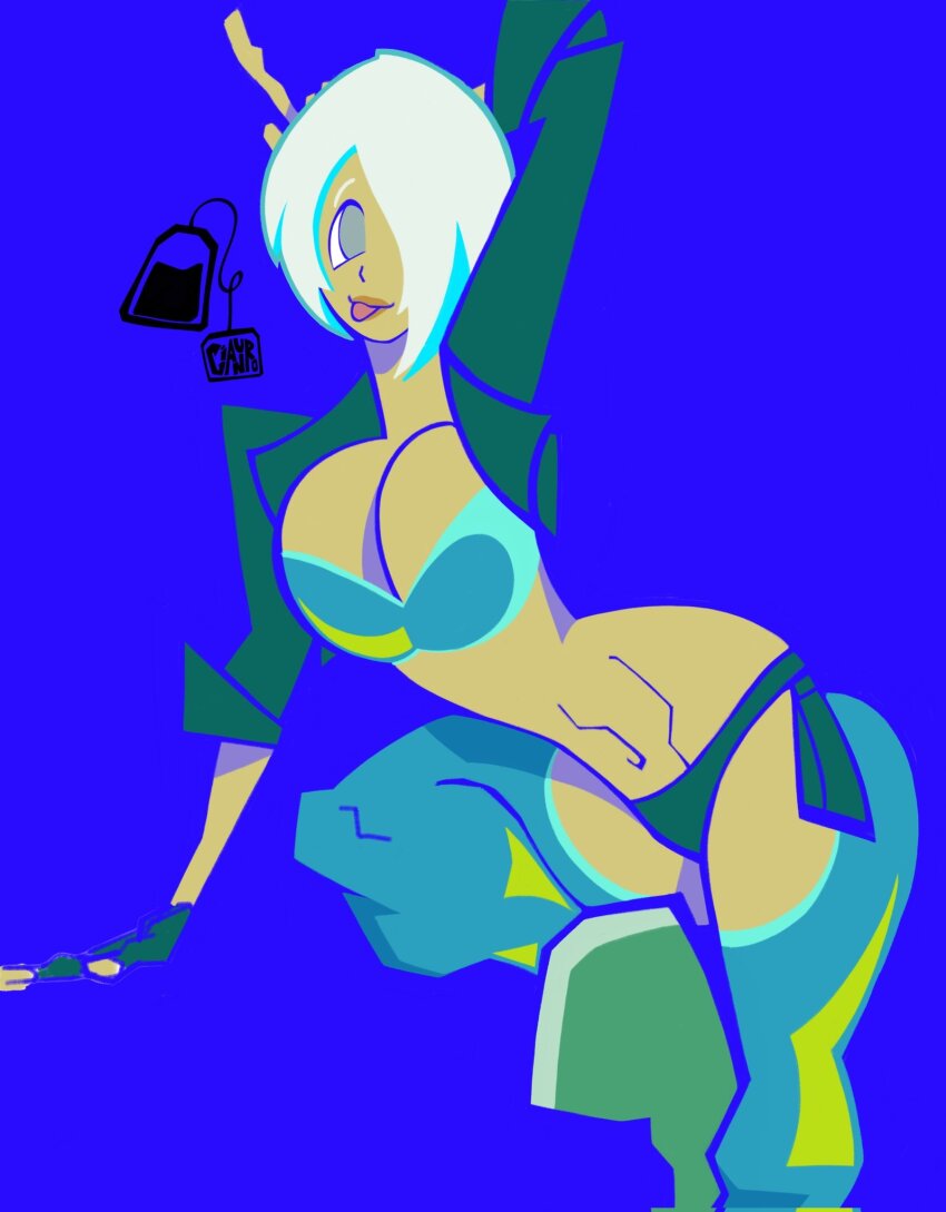 1girl angel_(kof) blue_eyes boots breasts cianuro curvy female_focus gloves hand_up highres huge_breasts jacket large_breasts leather leg_up open_clothes open_mouth panties short_hair takoyaki_third the_king_of_fighters thick_thighs thighs tongue tongue_out underwear white_hair wide_hips