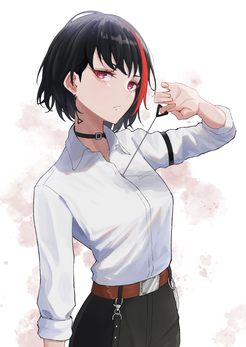 1girl absurdres armband bang_dream! belt black_armband black_choker black_hair breasts brown_belt chainsaw_man choker closed_mouth collared_shirt commentary cosplay cowboy_shot denji_(chainsaw_man) denji_(chainsaw_man)_(cosplay) dress_shirt earrings hand_up highres jewelry long_sleeves looking_at_viewer mitake_ran multicolored_hair nishiki_(nishiki4692) open_collar pull_cord purple_eyes red_hair shirt short_hair sleeves_rolled_up solo streaked_hair two-tone_hair white_shirt