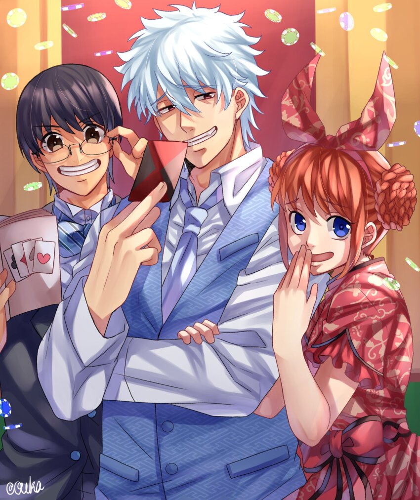 1girl 2boys black_hair blue_eyes blue_necktie brown_eyes card formal_clothes gintama glasses highres holding holding_card japanese_clothes kagura_(gintama) kimono multiple_boys necktie orange_hair oukasakata poker_chip red_eyes round_eyewear sakata_gintoki shimura_shinpachi shirt smile suit vest white_hair white_shirt