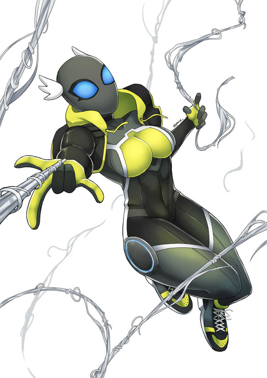 1girl absurdres black_bodysuit black_choker black_footwear black_jacket black_mask bodysuit breasts choker cosplay covered_navel dynamic_pose eunie_(xenoblade) green_hoodie head_wings highres hood hoodie jacket large_breasts leather leather_jacket marvel mask open_clothes open_jacket signature silk solo spider-man spider-man_(cosplay) spider-man_(series) swinging white_background white_wings wings xenoblade_chronicles_(series) xenoblade_chronicles_3 you_nf