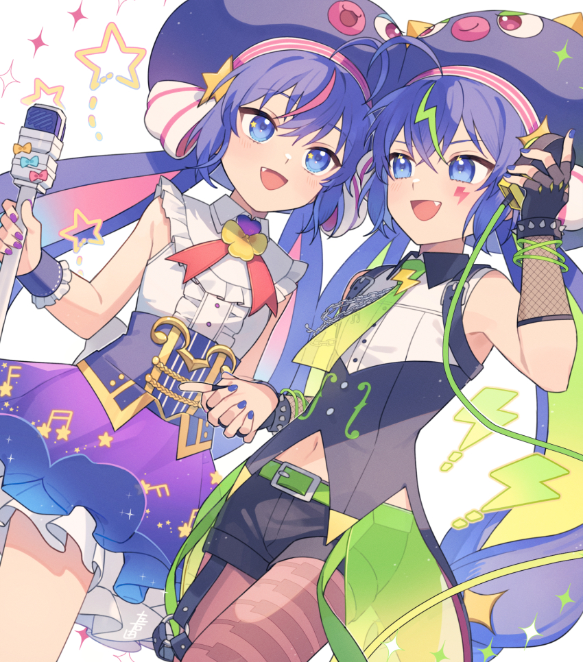 2girls ahoge arm_up bare_shoulders belt black_garter_straps black_gloves black_shorts blue_eyes blue_hair blue_headwear blue_nails blue_skirt blue_wrist_cuffs bracelet buttons center_frills chain collared_shirt colored_inner_hair crossed_bangs dual_persona facial_mark fang fishnet_armwear fishnets frilled_skirt frilled_wrist_cuffs frills garter_straps gloves gradient_clothes gradient_skirt green_belt green_hair hair_between_eyes hat highres holding holding_hands holding_microphone interlocked_fingers jewelry lightning_bolt_facial_mark lightning_bolt_symbol long_hair looking_at_another microphone microphone_stand multicolored_hair multiple_girls musical_note nail_polish navel neck_ribbon open_mouth otomachi_una otomachi_una_(spicy) otomachi_una_(sugar) otomachi_una_(vocaloid6_spicy) otomachi_una_(vocaloid6_sugar) pantyhose partially_fingerless_gloves pink_hair purple_nails purple_skirt red_ribbon ribbon see-through_clothes shirt short_shorts shorts skirt sleeveless sleeveless_shirt smile spiked_bracelet spikes streaked_hair suiso_sn3 twintails v-shaped_eyebrows vocaloid white_background white_shirt wrist_cuffs yellow_trim