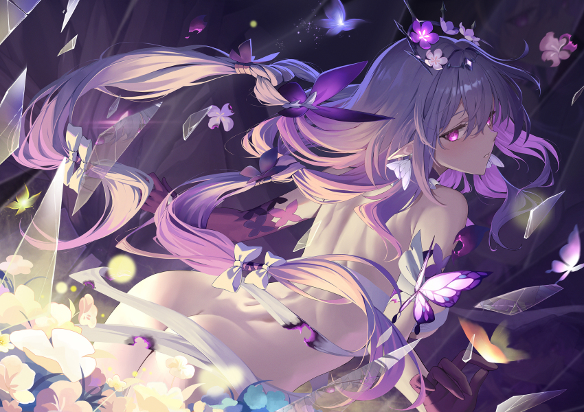 1girl ass asymmetrical_gloves back black_tiara blush broken_glass bug butterfly butterfly_earrings castorice_(honkai:_star_rail) commentary_request convenient_censoring earrings elbow_gloves floating_hair flower from_behind glass gloves hair_flower hair_ornament highres honkai:_star_rail honkai_(series) insect jewelry long_hair looking_at_viewer looking_back median_furrow nude parted_lips partial_commentary pink_eyes pointy_ears purple_butterfly purple_flower purple_gloves purple_hair shoulder_blades sidelocks single_elbow_glove solo teeth tiara uneven_gloves very_long_hair yaomiaomiao