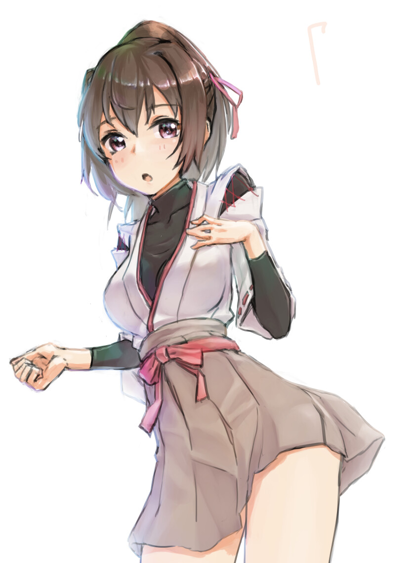 1girl absurdres black_undershirt blush breasts brown_hair brown_hakama cowboy_shot hair_between_eyes hair_ribbon hakama hakama_skirt highres ise_(kancolle) japanese_clothes kangoku_kou kantai_collection large_breasts looking_at_viewer open_mouth pink_eyes ponytail red_ribbon ribbon simple_background skirt solo white_background