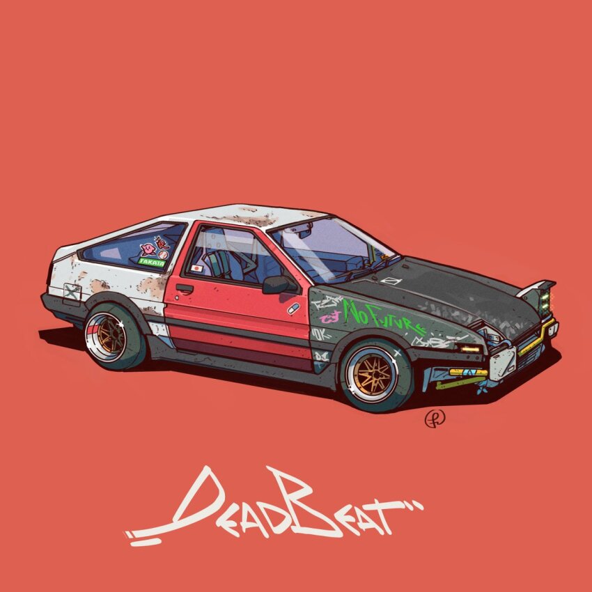 car commentary damaged english_commentary fernando_correa highres japanese_flag kirby kirby_(series) motor_vehicle nintendo no_humans original pop-up_headlights red_background shadow simple_background single_pop-up_headlight sticker toyota toyota_sprinter_trueno vehicle_focus
