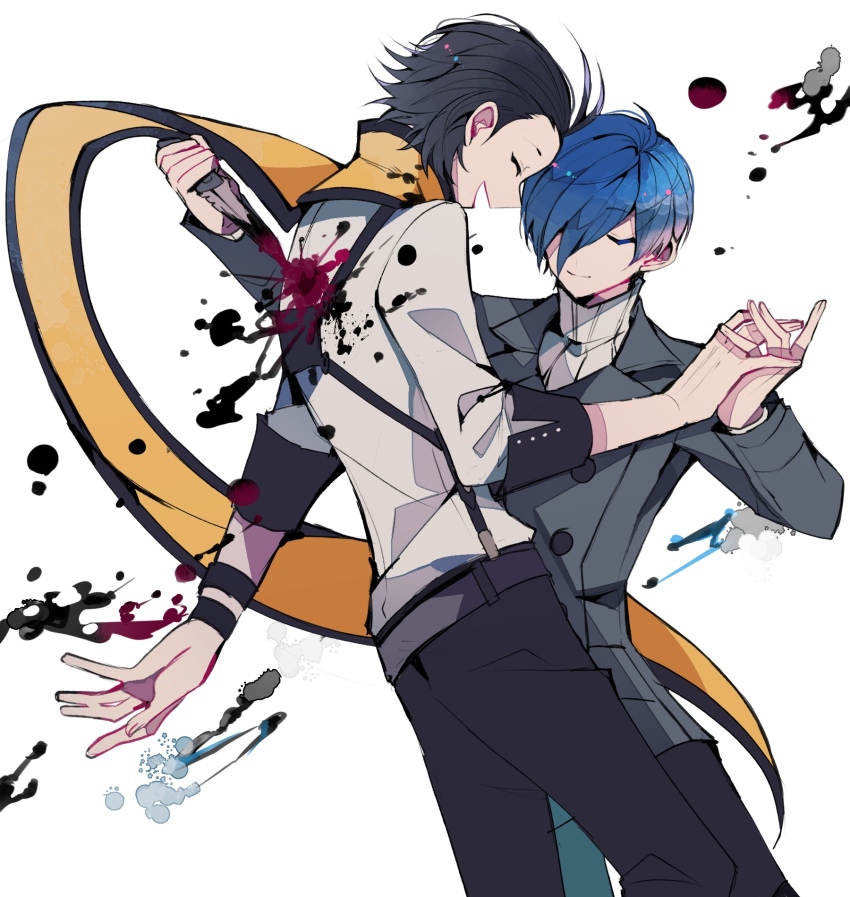 2boys backstab black_hair black_pants black_sleeves blood blood_on_clothes blood_splatter blood_stain bloody_knife blue_hair closed_eyes coat dancing dress_shirt facing_another facing_to_the_side grey_coat grey_pants hair_over_one_eye hair_slicked_back happy highres holding holding_behind_back holding_hands holding_knife holding_knife_behind_back interlocked_fingers knife laughing leaning_forward leaning_on_person male_focus mochizuki_ryouji multiple_boys one_eye_covered open_hand open_mouth outstretched_arm paint_splatter pants persona persona_3 scarf shirt sleeves_rolled_up smile stab suspenders sweater teketeke_(tasutekete) turtleneck turtleneck_sweater waltz_(dance) watch white_background white_shirt white_sweater wind wristwatch yellow_scarf yuuki_makoto_(persona_3)