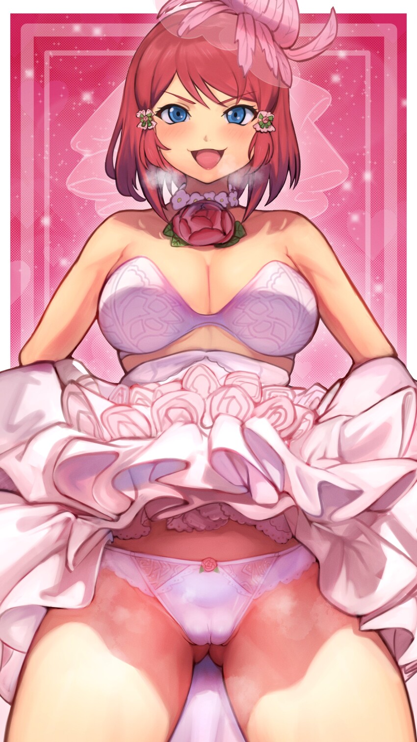 1girl absurdres blue_eyes blush bra breasts bridal_veil cameltoe cleavage commission dress flashing flower flower_necklace gluteal_fold hair_ornament heart heart_background highres jewelry lipstick looking_at_viewer makeup medium_breasts neck_flower necklace official_alternate_costume panties pulling_own_clothes r123 red_flower red_hair red_lips red_rose rose rose_(tales) rose_(wedding)_(tales) short_hair smile solo sparkle_background steam tales_of_(series) tales_of_asteria tales_of_link tales_of_zestiria underwear veil white_bra white_dress white_panties