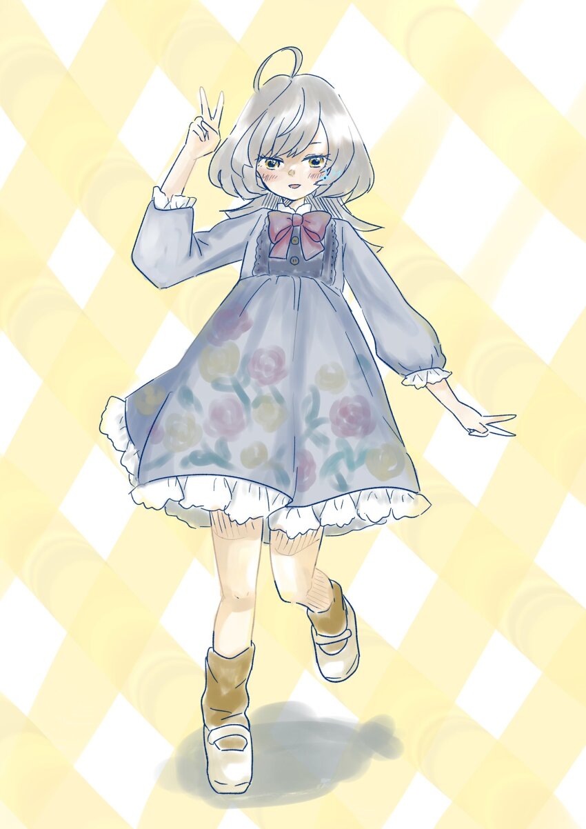 1girl ahoge arm_at_side arm_up artist_name assault_lily blush bow bowtie brown_socks commentary_request double_v dress floral_print frilled_sleeves frills full_body fumi_(fumifumi3axl) grey_dress grey_hair highres long_hair long_sleeves looking_at_viewer mary_janes parted_lips plaid_background print_dress red_bow red_bowtie sasaki_ran shoes smile socks solo standing standing_on_one_leg v white_shoes yellow_background yellow_eyes