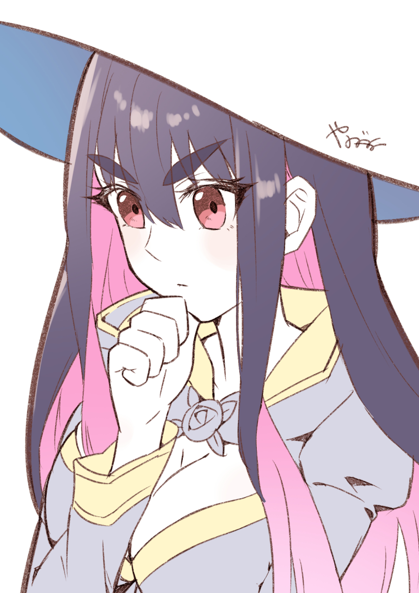 1girl black_hair blending breasts cleavage colored_inner_hair hat highres idola_avorn large_breasts long_hair multicolored_hair purple_eyes purple_hair sentai_red_ga_isekai_de_boukensha_ni_naru simple_background solo two-tone_hair upper_body white_background witch_hat yanagimachi