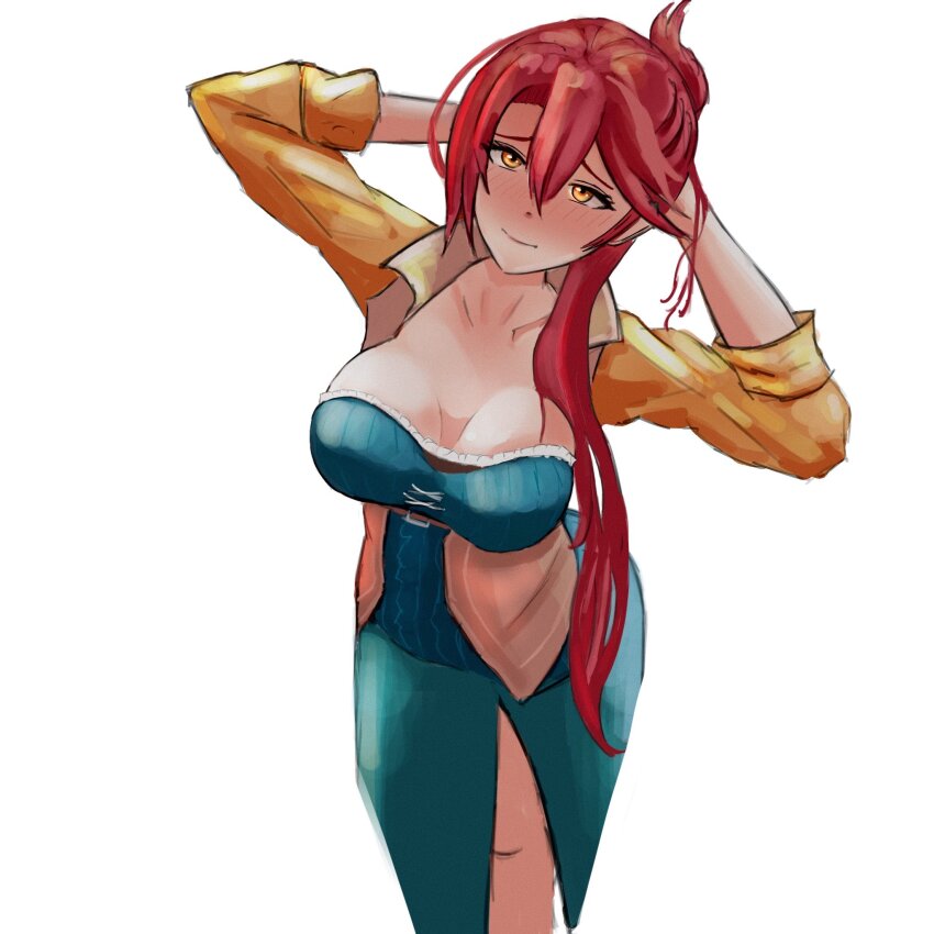 1girl arms_behind_head blush breasts cleavage commentary cowboy_shot double-parted_bangs eiyuu_densetsu english_commentary hair_between_eyes hair_bun highres jacket large_breasts long_hair long_sidelocks long_sleeves pink_hair r_thors sara_valestein sen_no_kiseki sen_no_kiseki_(series) sen_no_kiseki_iii sidelocks simple_background single_sidelock solo white_background yellow_eyes